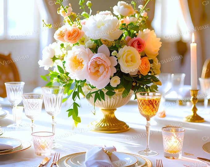Elegant Dining Table Setting with Porcelain and Gold Dishes, Candles, Glassware, and Floral Vase