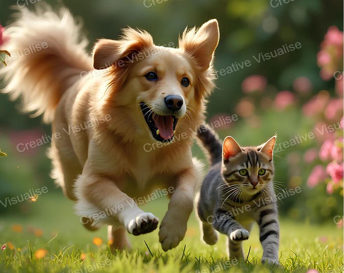 Cat and Dog Running Friendly Race Across Grass in a Colourful Flower Garden