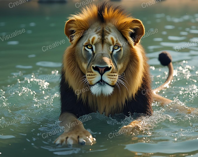 Fully Grown Male Lion Swimming in Water – Majestic Wildlife Nature Wall Art
