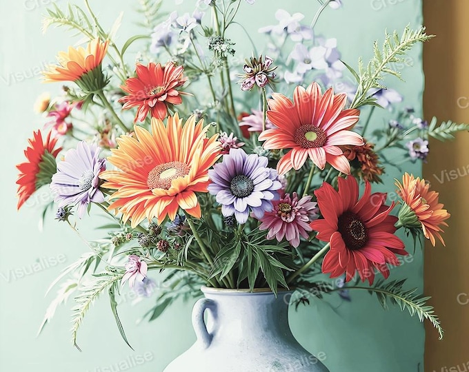 Rustic Colorful Flower Bouquet in White Clay Vase – Farmhouse Floral Wall Art