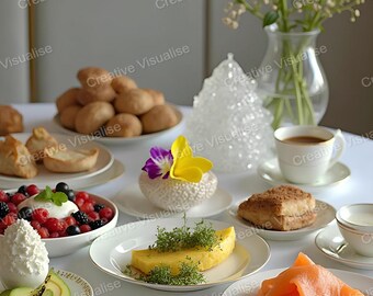 Stylowy stół śniadaniowy z wędlinami, kiełbasami, śmietaną, masłem, dżemem, ananasem, ciastem i kawą