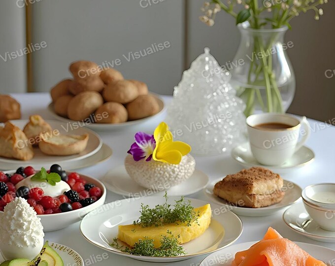 Stylish Breakfast Table with Deli Meats, Sausages, Cream, Butter, Jam, Pineapple, Cake, and Coffee
