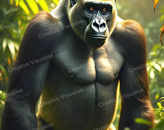 Big Gorilla Standing Alone in Jungle Among Plants and Trees Wildlife Nature Art Print