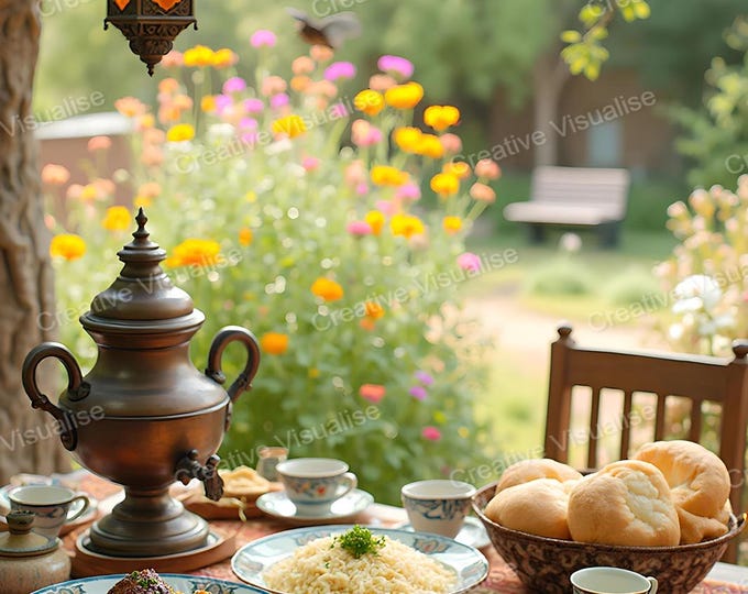 Rustic Garden Lunch Table with Turkey Stew, Rice, and Samovar Tea Under a Tree