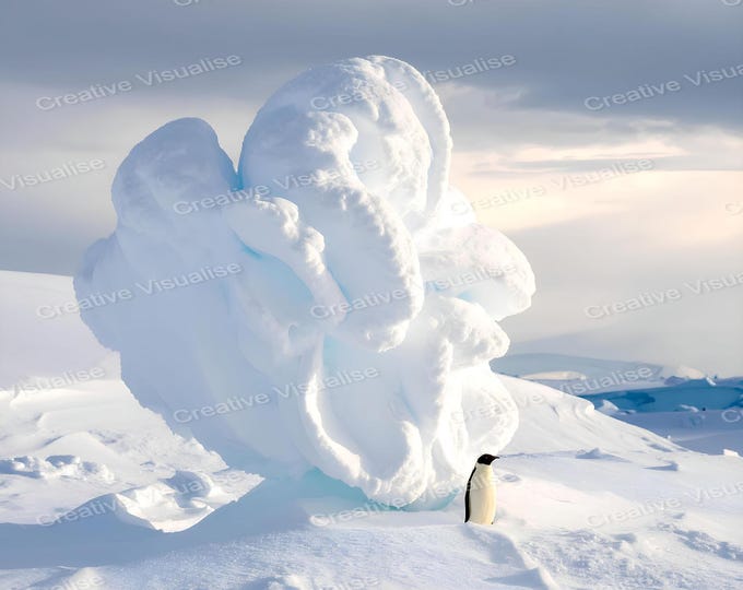 Penguin Standing in Shadow of Massive Arctic Ice Formation in Snowy Polar Landscape