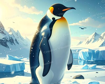 Pinguin steht auf Schnee in der Nähe von Eisschollen und Polarsee unter bewölktem Himmel