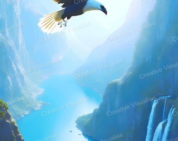 Eagle Flying Above Valley Printable Wall Art, Digital PNG PDF 300 DPI