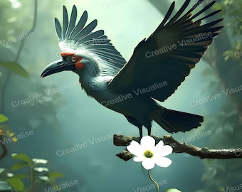 Malabar Grey Hornbill in Flight Printable Wall Art Digital Download High Resolution PNG PDF