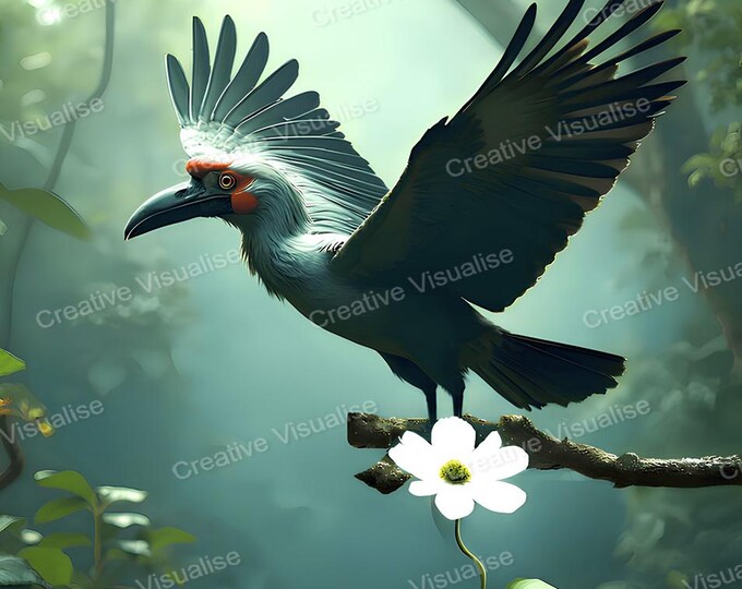 Malabar Grey Hornbill in Flight Printable Wall Art Digital Download High Resolution PNG PDF