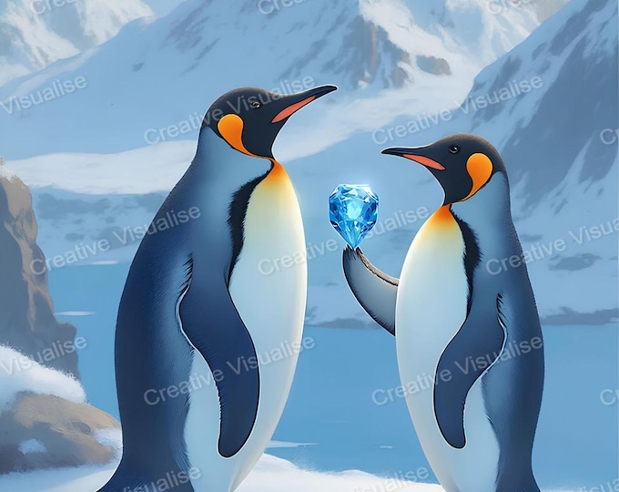 Two Penguins by Arctic River with Ice Mountains as One Gifts Blue Crystal