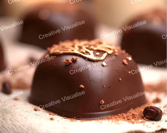 Gold-Coated Chocolate Morsels Dusted with Cocoa Powder Arranged Elegantly on Table Surface