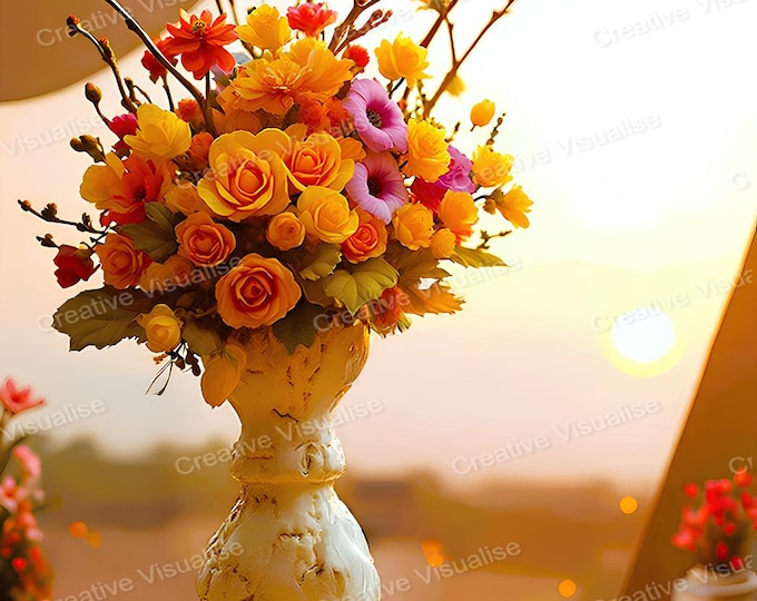 Colorful Flower Bouquet in White Clay Vase by Sunlit Window – Bright Afternoon Floral Scene