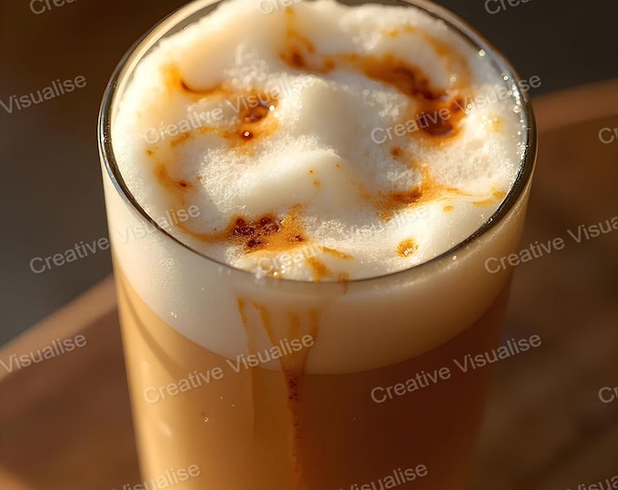 Close-Up Glass of Latte Coffee Topped with Smooth Frothy Milk Foam for Coffee Lovers