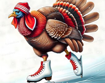Fantasy Truthahn trägt Wintermütze und Kleidung Eislaufen - Cartoon Style Urlaub Illustration