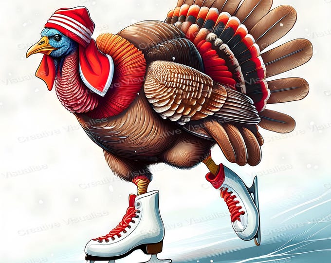 Fantasy Turkey Wearing Winter Hat and Clothes Ice Skating – Cartoon Style Holiday Illustration