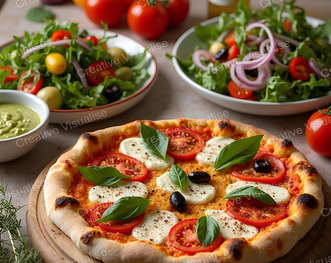 Vegetable Pizza on Wooden Board with Fresh Salads in Rustic Traditional Kitchen Setting