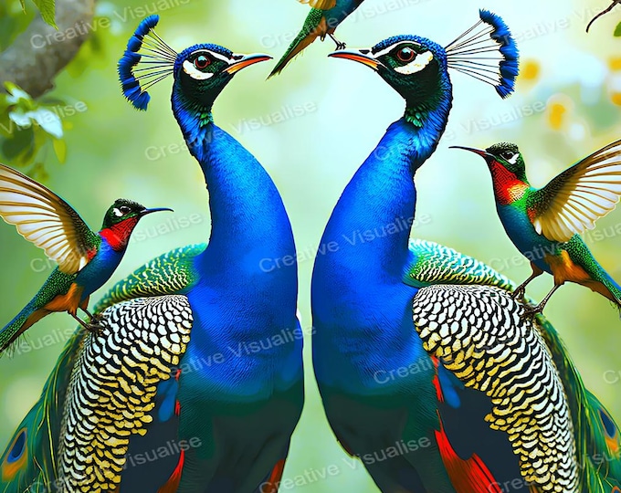 Peacocks and Hummingbirds Wall Art Printable | Colorful Tropical Birds Digital Download PDF & PNG
