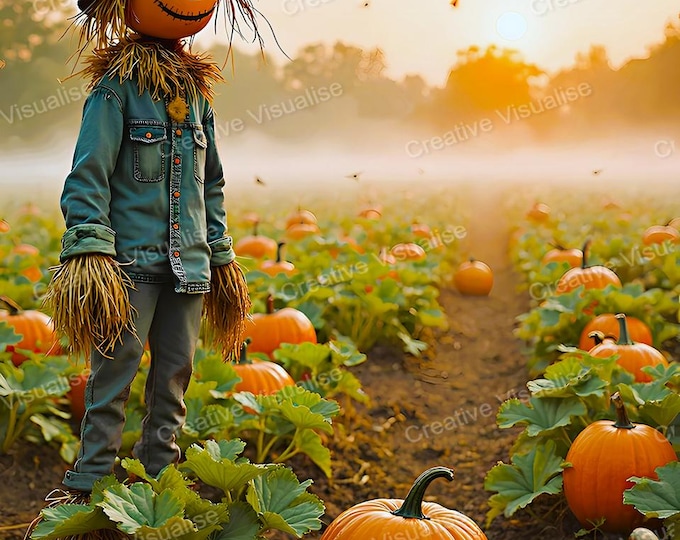 Pumpkin Field with Scarecrow at Sunset Printable Wall Art Autumn Harvest Digital Download Decor