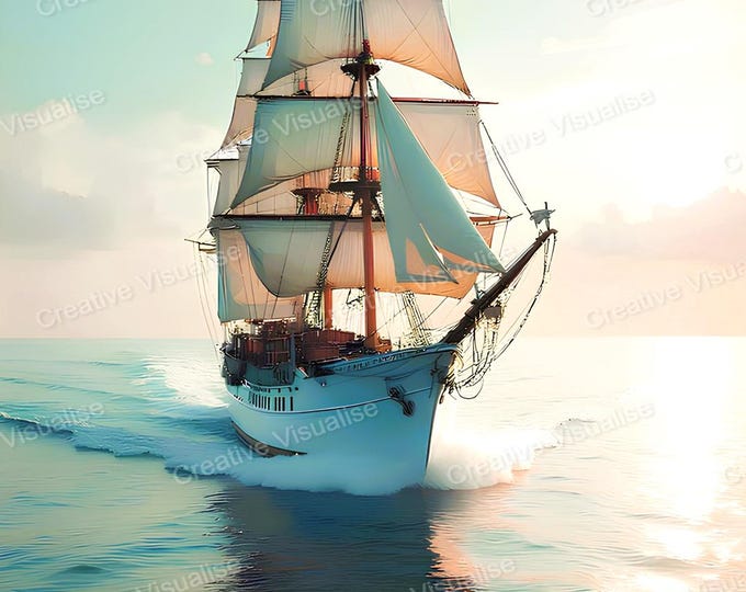 White Sailing Ship on Sea with Sunlight Reflecting on Water Landscape Art Print