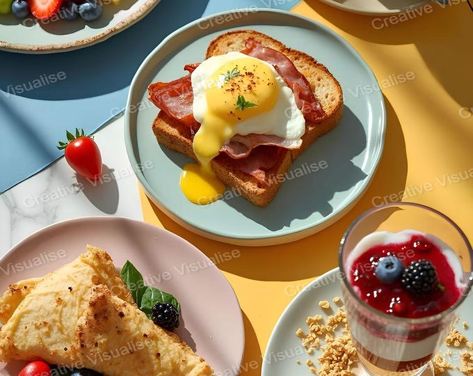 Homemade Meal Table Setting of Egg and Sausage Snack, Samosa, Fruit Cream Dessert
