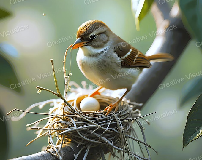 Sparrow Bird Nesting Photo | High-Resolution AI Artwork (Digital Download)