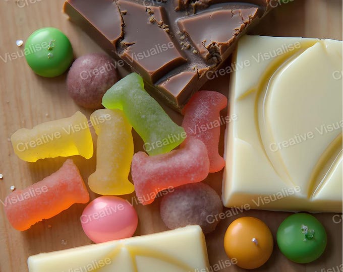 White and Brown Chocolate Bars with Jelly Sweets and Colorful Candies on Wooden Table