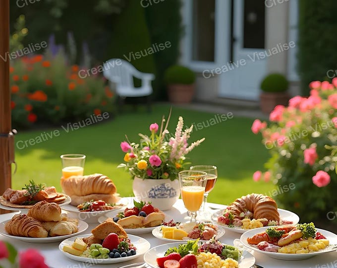 Stylish Garden Courtyard Breakfast Table with Eggs, Croissants, Fruit Salad, and Orange Juice