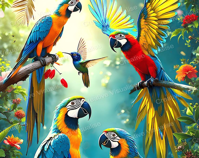 Macaws, Parrots, and Hummingbirds in Flower Garden Printable Wall Art Digital Download High Resolution