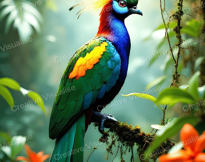 Goura Victoria Crowned Pigeon on a branch High-Resolution Digital Photo, PNG PDF 300 DPI