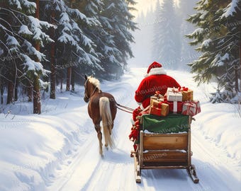 Weihnachtsmann, die Rentier und Geschenke des Schlittens auf schneebedecktem Kiefernwald-Pfad-Weihnachtskunst