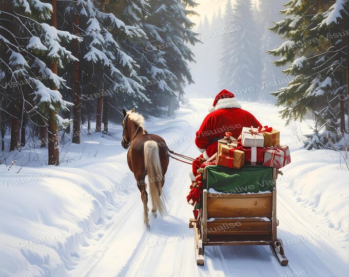 Santa Claus Riding Sleigh's Reindeer and Gifts on Snowy Pine Tree Path Christmas Art