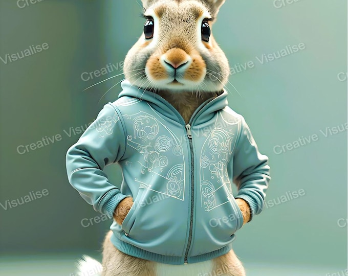 Rabbit Wearing Tracksuit and Standing in Gym with Hands in Pockets Portrait Art Print