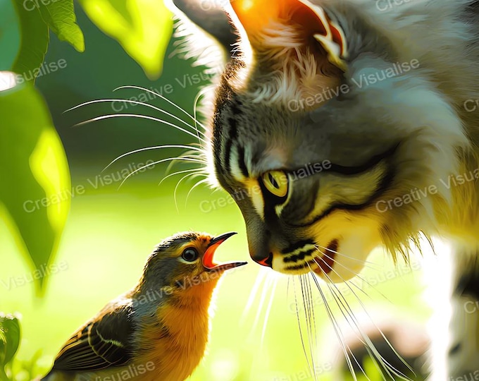 Bird and Cat Wall Art Printable | Animal Digital Download PDF & PNG