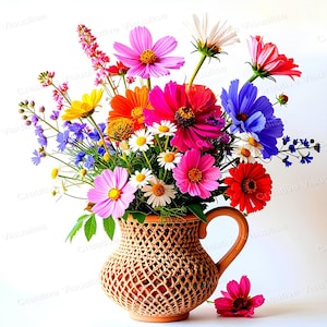 Colorful Flower Bouquet in Beige Clay Mesh Style Pot – Rustic Floral Home Decor Art