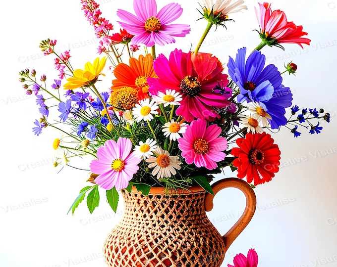 Colorful Flower Bouquet in Beige Clay Mesh Style Pot – Rustic Floral Home Decor Art