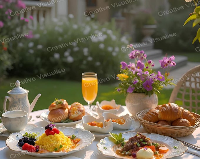 Backyard Garden Breakfast Table with Cakes, Jellies, Fruits, Jams, Orange Juice, and Flower Pots