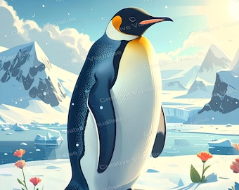 Pinguin am Polarsee mit schneebedeckten Bergen und roter Blume vor dem Horizont