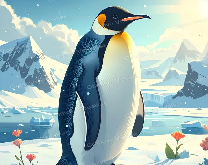 Penguin Standing by Polar Lake with Snowy Mountains and Red Flower Facing Horizon