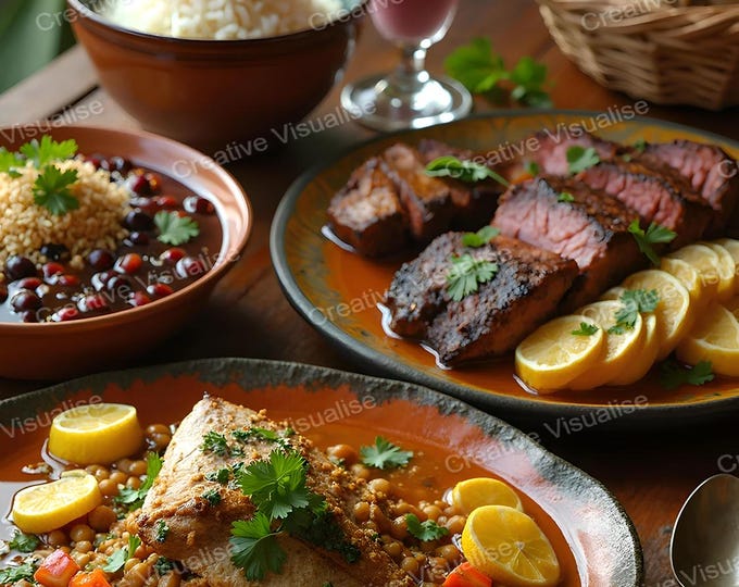 Home Restaurant Table Setting with Fish Dish, Vegetable Stew, Pinto Beans, Samosa, Strawberry Smoothie