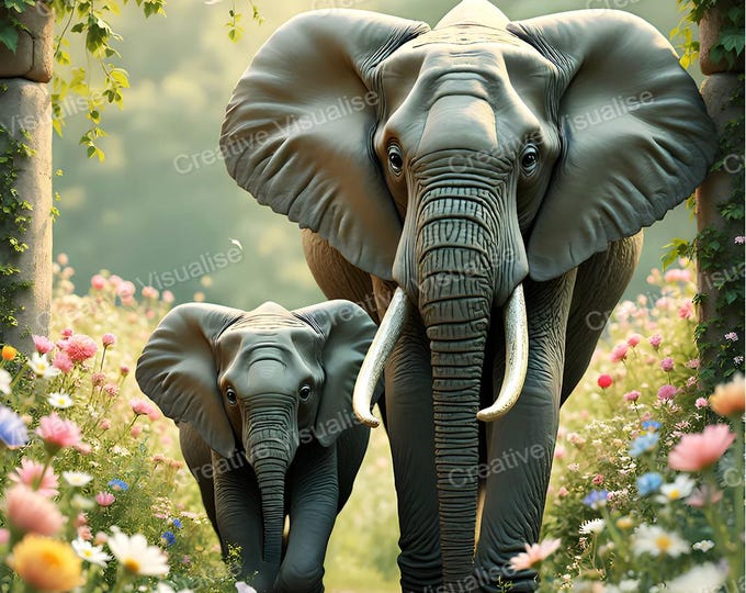 Tusked Elephant Walking with Baby Through Flower-Filled Garden with Trees and Blossoms