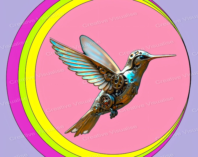 Steampunk Robot Hummingbird Escaping Artificial World into Nature