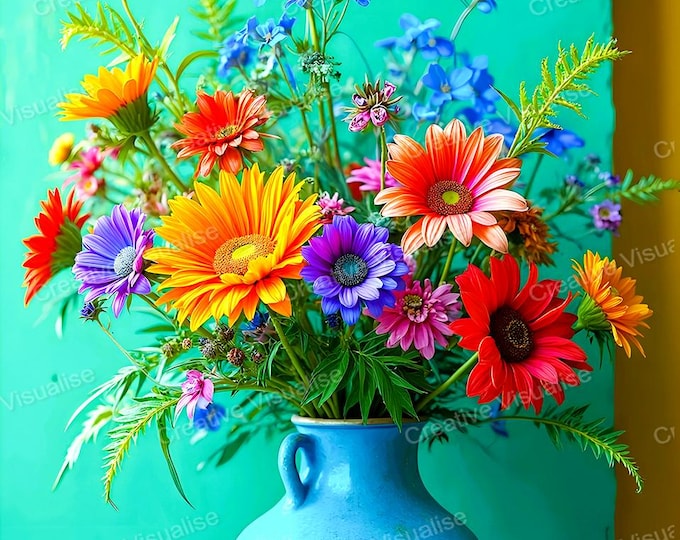 Colorful Flower Bouquet in Blue Vase Printable Wall Art Green Background Home Decor