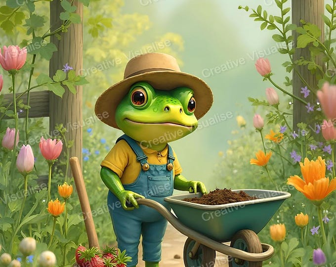 Fantasy Gardener Frog in Flower Garden with Soil Cart and Strawberry Baskets – Whimsical Art