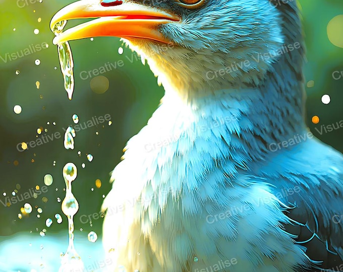 Bird Bathing in Water Wall Art Printable | Serene Nature Digital Download PDF & PNG