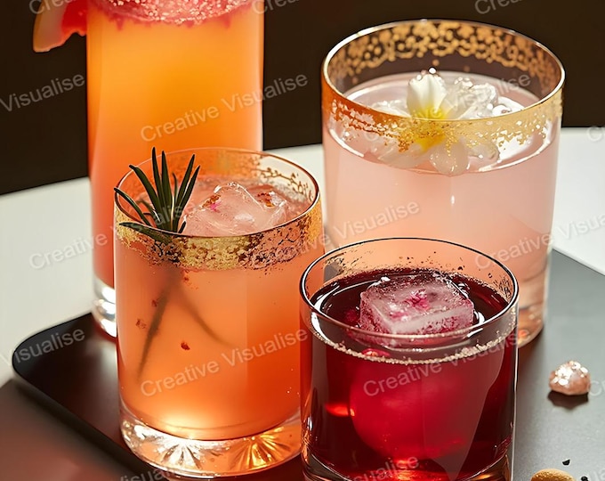 Colorful Glasses of Assorted Drinks on Stylish Coaster Tray – Modern Beverage Display