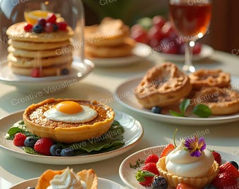 Stilvoller Frühstückstisch mit Eiern, Pfannkuchen, Kuchen, Fruchtcreme, Tee und vielem mehr