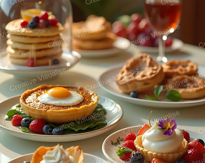 Stylish Breakfast Table with Eggs, Pancakes, Cakes, Fruit Cream, Tea, and More