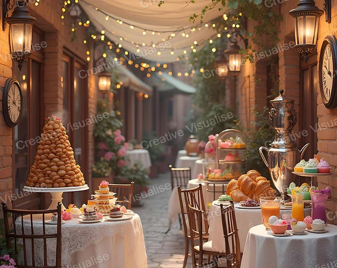 Flower-Decorated Alley Café Tables Filled with Cakes, Desserts, Tea, Coffee, and Fruit Juices