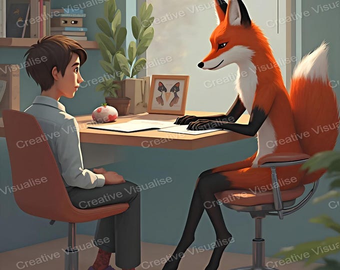 Fantasy Fox Instructor Teaching Pupils at Table – Whimsical Animal Classroom Wall Art