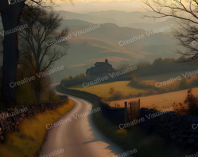Old Country Road Beside Trees, Farms, and Cottages with Hills and Warm afternoon Sun